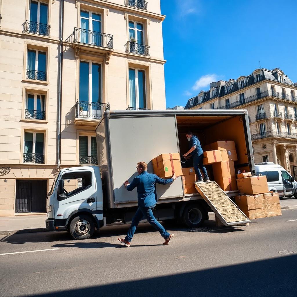 Déménageurs chargeant un camion devant un immeuble haussmannien parisien
