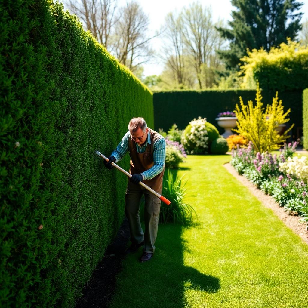 Paysagiste taillant une haie dans un beau jardin français au printemps