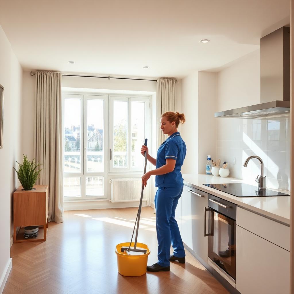 Agent de nettoyage professionnel dans un appartement lumineux en fin de bail